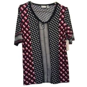 Kim Rogers Geometric‎ Print Knit Top Short Sleeve V Neck Blouse